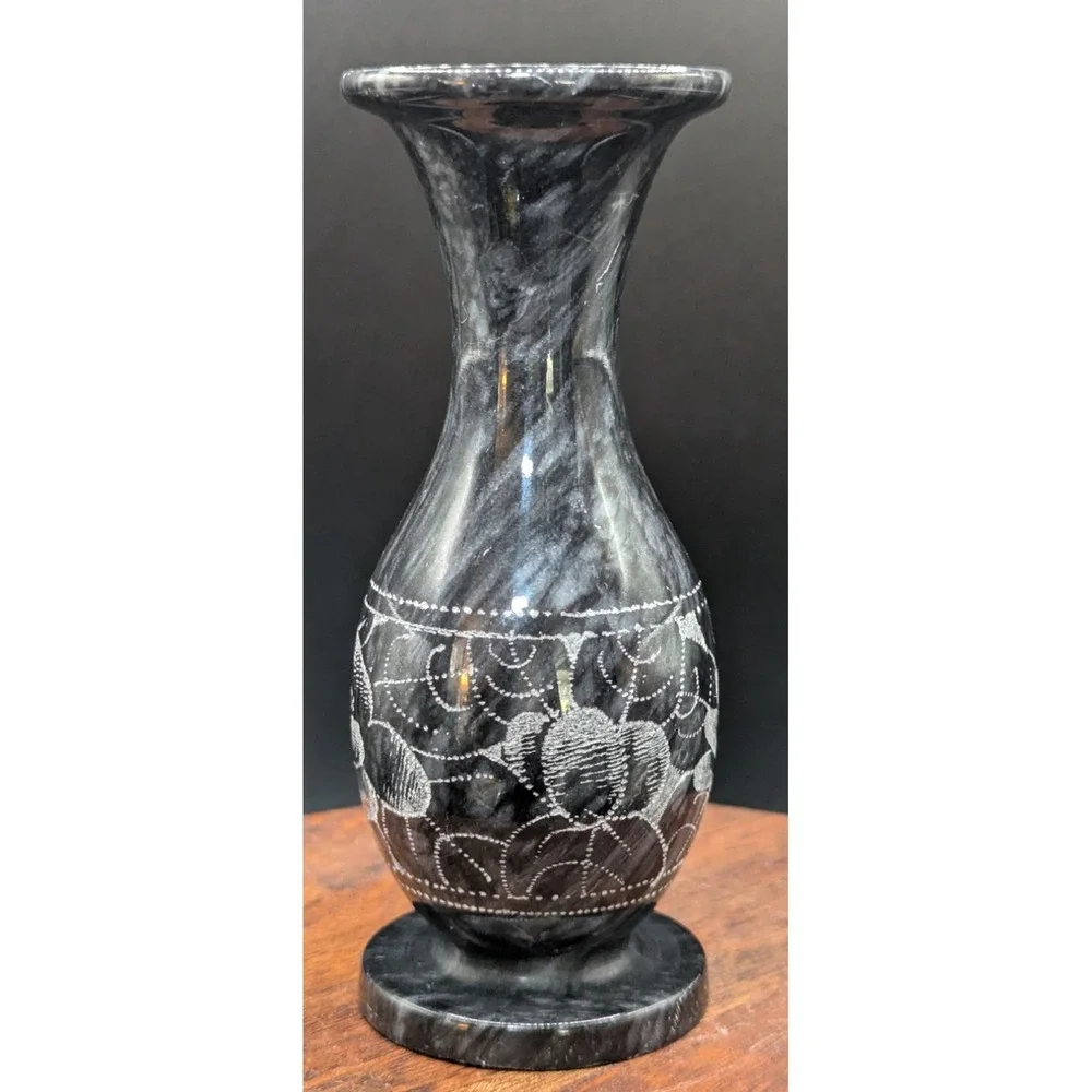 Vintage Black Marble Bud Vase With Etched‎ Florals Polished Base 5